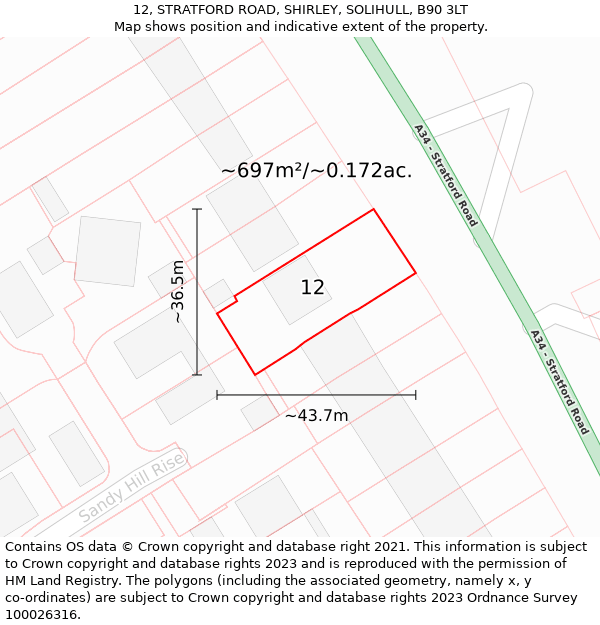 12, STRATFORD ROAD, SHIRLEY, SOLIHULL, B90 3LT: Plot and title map