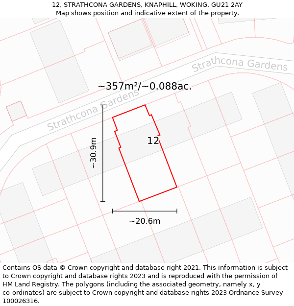 12, STRATHCONA GARDENS, KNAPHILL, WOKING, GU21 2AY: Plot and title map