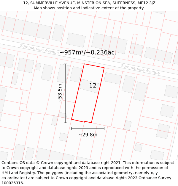 12, SUMMERVILLE AVENUE, MINSTER ON SEA, SHEERNESS, ME12 3JZ: Plot and title map