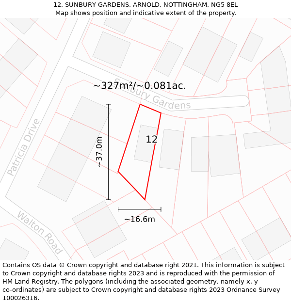 12, SUNBURY GARDENS, ARNOLD, NOTTINGHAM, NG5 8EL: Plot and title map