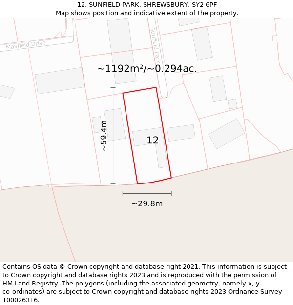 12, SUNFIELD PARK, SHREWSBURY, SY2 6PF: Plot and title map