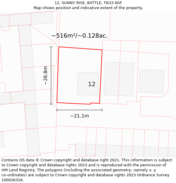 12, SUNNY RISE, BATTLE, TN33 0GF: Plot and title map