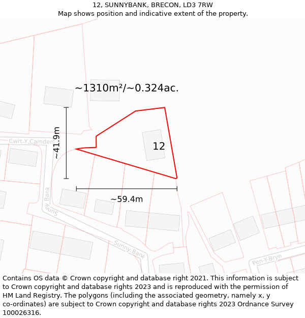 12, SUNNYBANK, BRECON, LD3 7RW: Plot and title map