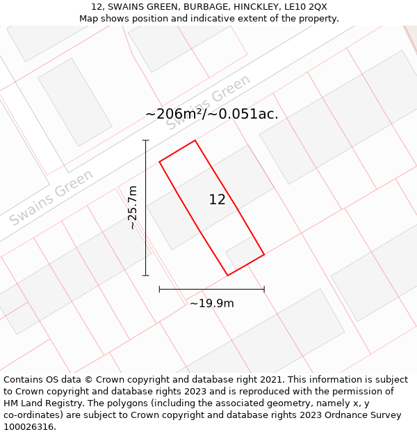 12, SWAINS GREEN, BURBAGE, HINCKLEY, LE10 2QX: Plot and title map