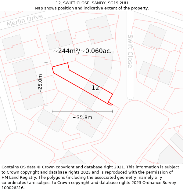 12, SWIFT CLOSE, SANDY, SG19 2UU: Plot and title map