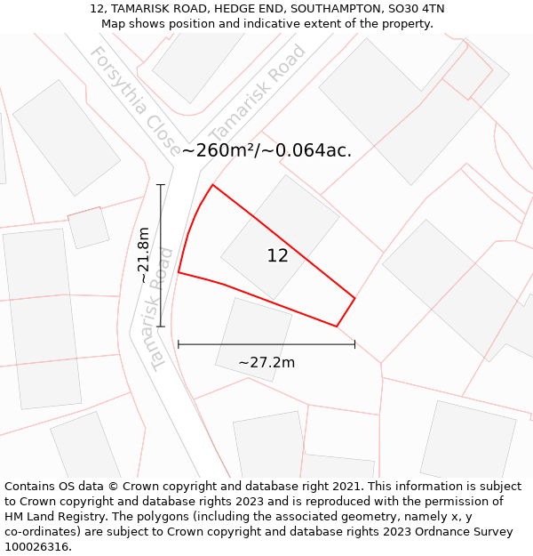 12, TAMARISK ROAD, HEDGE END, SOUTHAMPTON, SO30 4TN: Plot and title map