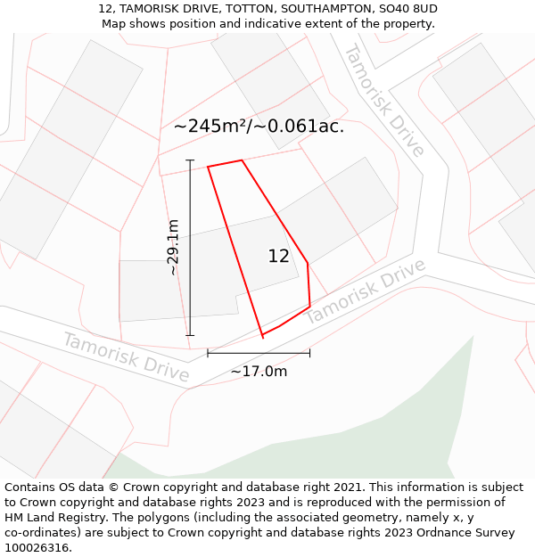 12, TAMORISK DRIVE, TOTTON, SOUTHAMPTON, SO40 8UD: Plot and title map
