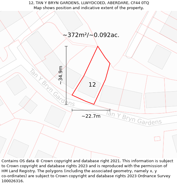 12, TAN Y BRYN GARDENS, LLWYDCOED, ABERDARE, CF44 0TQ: Plot and title map