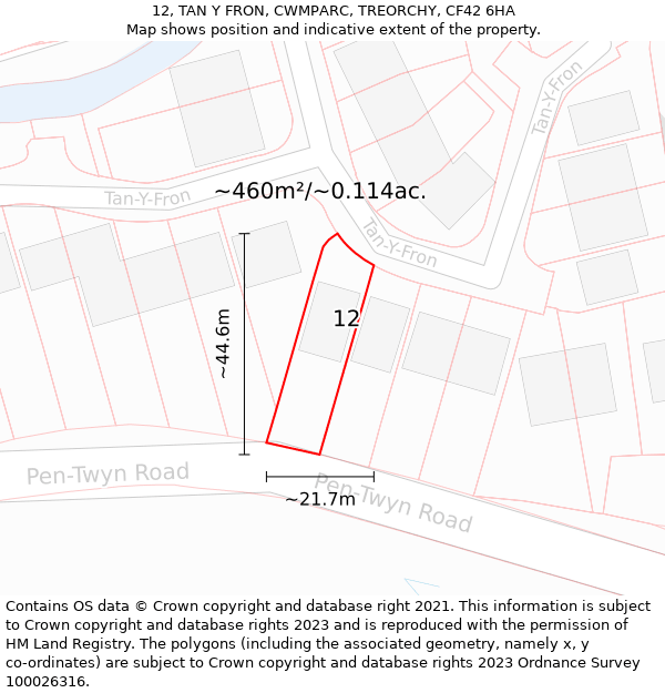 12, TAN Y FRON, CWMPARC, TREORCHY, CF42 6HA: Plot and title map