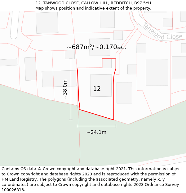 12, TANWOOD CLOSE, CALLOW HILL, REDDITCH, B97 5YU: Plot and title map