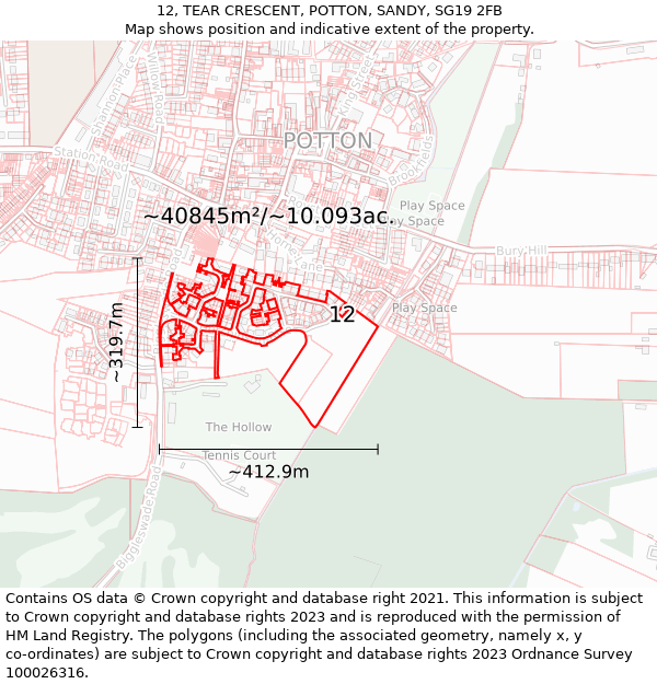 12, TEAR CRESCENT, POTTON, SANDY, SG19 2FB: Plot and title map