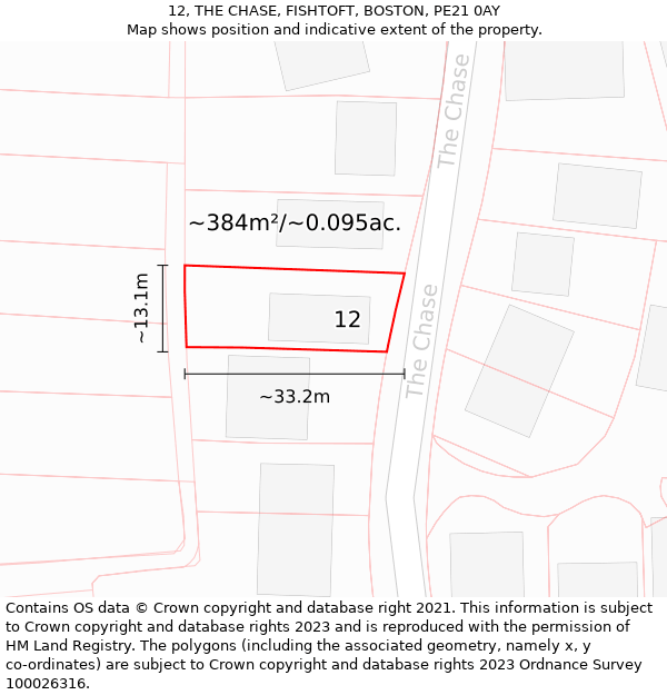 12, THE CHASE, FISHTOFT, BOSTON, PE21 0AY: Plot and title map