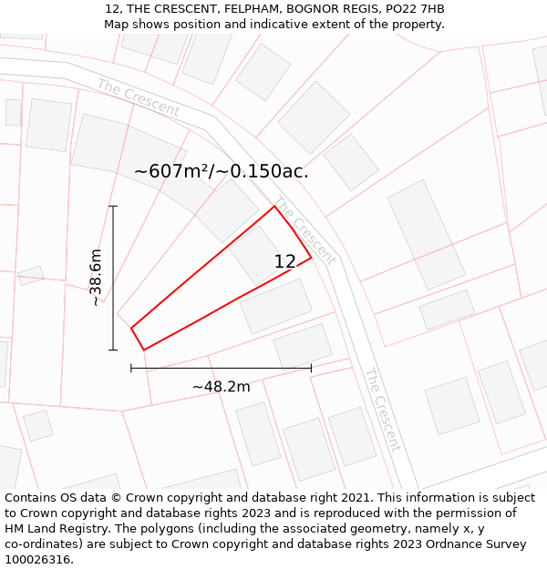 12, THE CRESCENT, FELPHAM, BOGNOR REGIS, PO22 7HB: Plot and title map