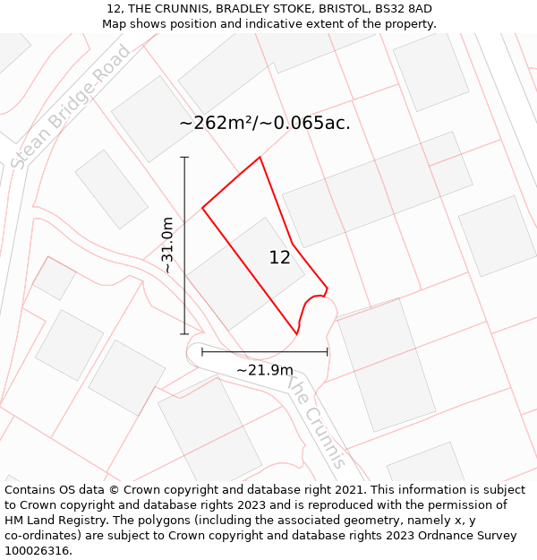 12, THE CRUNNIS, BRADLEY STOKE, BRISTOL, BS32 8AD: Plot and title map