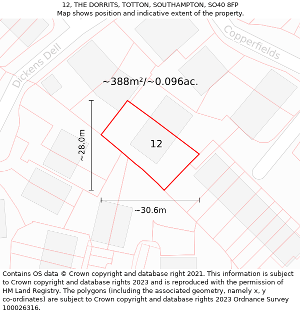 12, THE DORRITS, TOTTON, SOUTHAMPTON, SO40 8FP: Plot and title map