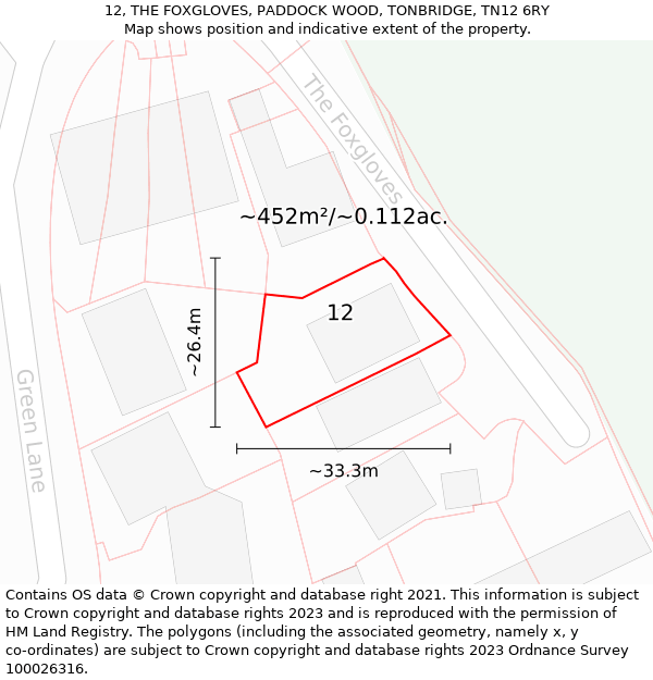 12, THE FOXGLOVES, PADDOCK WOOD, TONBRIDGE, TN12 6RY: Plot and title map