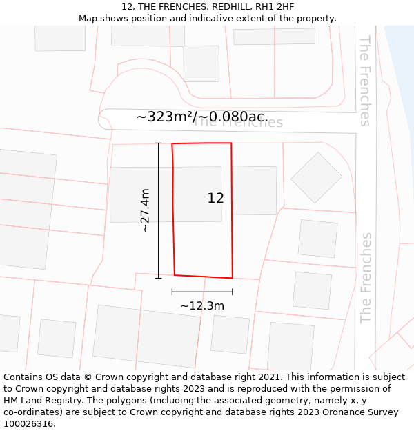 12, THE FRENCHES, REDHILL, RH1 2HF: Plot and title map