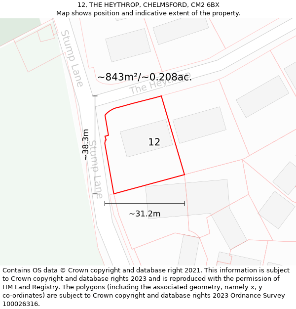 12, THE HEYTHROP, CHELMSFORD, CM2 6BX: Plot and title map