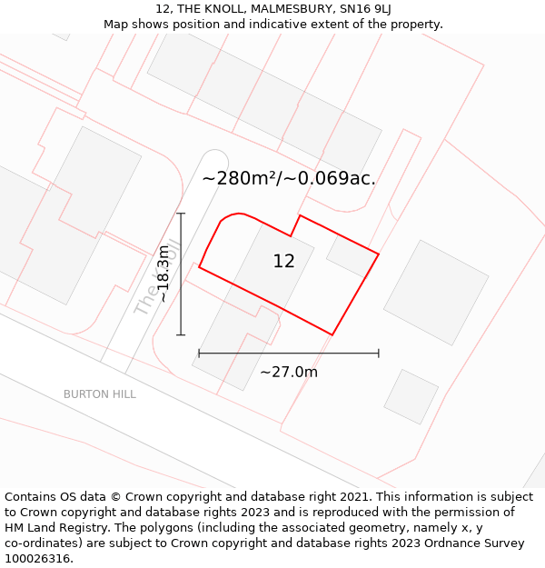 12, THE KNOLL, MALMESBURY, SN16 9LJ: Plot and title map