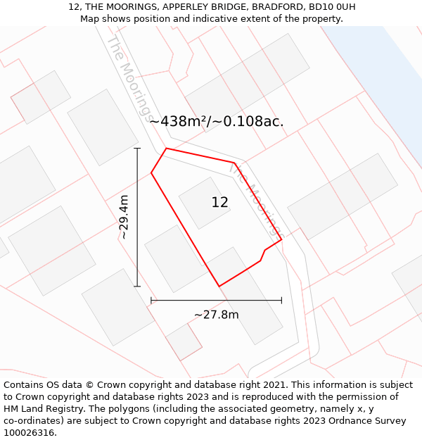 12, THE MOORINGS, APPERLEY BRIDGE, BRADFORD, BD10 0UH: Plot and title map
