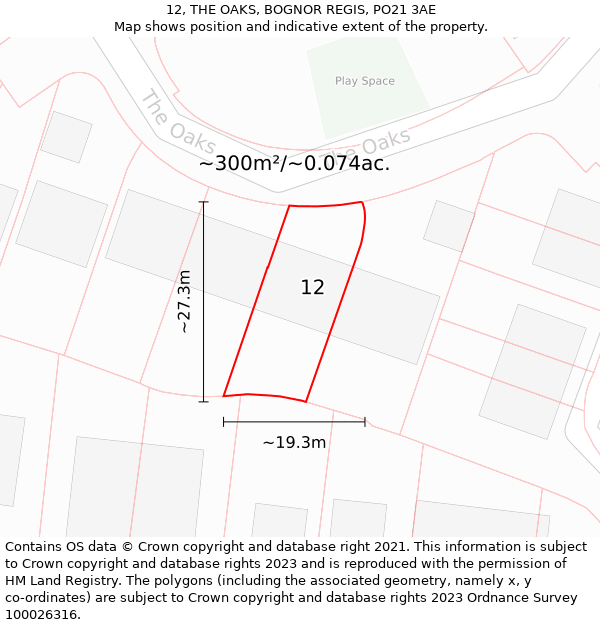 12, THE OAKS, BOGNOR REGIS, PO21 3AE: Plot and title map