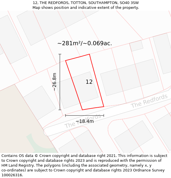 12, THE REDFORDS, TOTTON, SOUTHAMPTON, SO40 3SW: Plot and title map