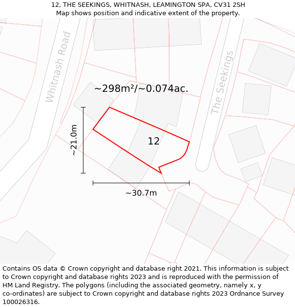 12, THE SEEKINGS, WHITNASH, LEAMINGTON SPA, CV31 2SH: Plot and title map