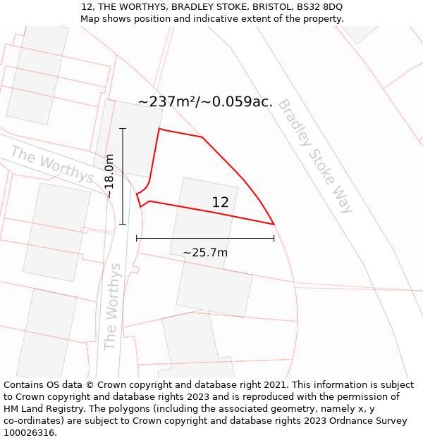 12, THE WORTHYS, BRADLEY STOKE, BRISTOL, BS32 8DQ: Plot and title map