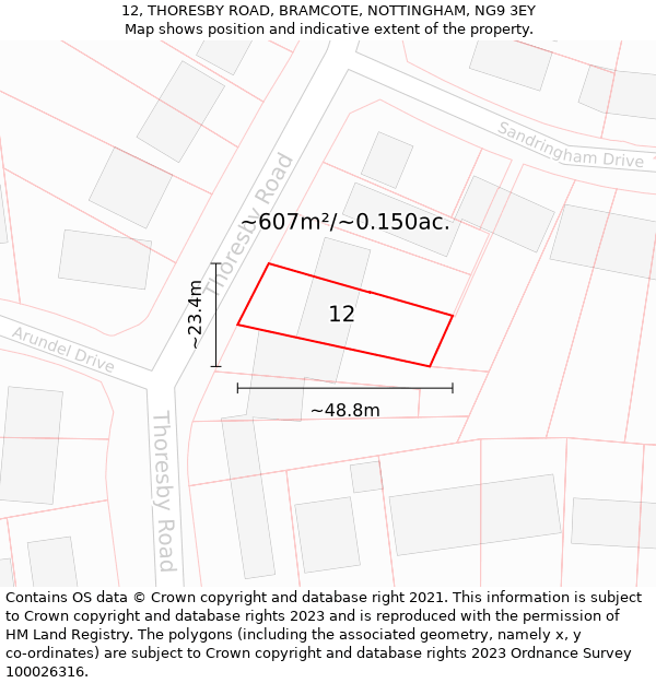 12, THORESBY ROAD, BRAMCOTE, NOTTINGHAM, NG9 3EY: Plot and title map