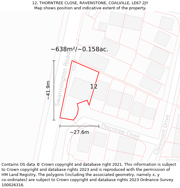 12, THORNTREE CLOSE, RAVENSTONE, COALVILLE, LE67 2JY: Plot and title map