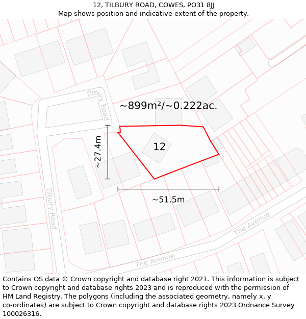 12, TILBURY ROAD, COWES, PO31 8JJ: Plot and title map