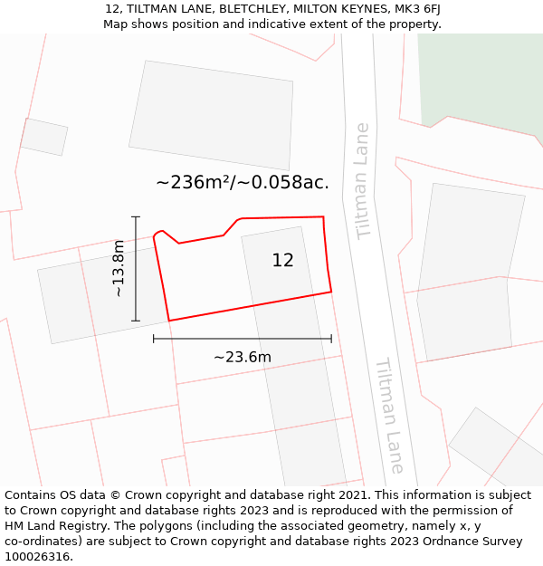 12, TILTMAN LANE, BLETCHLEY, MILTON KEYNES, MK3 6FJ: Plot and title map