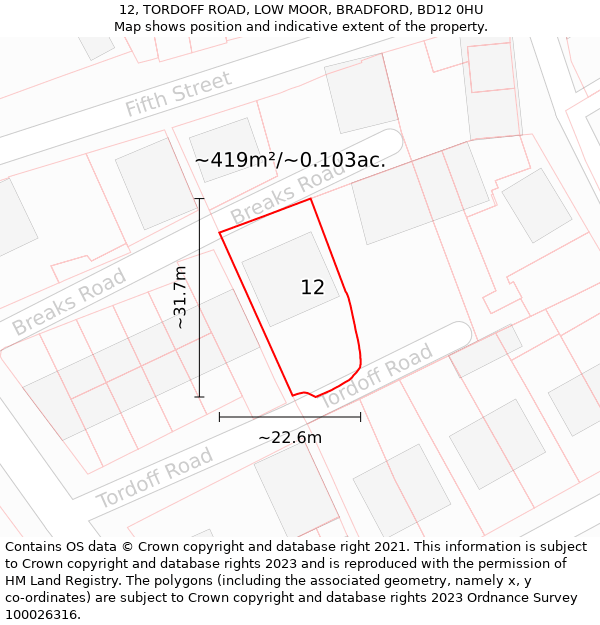 12, TORDOFF ROAD, LOW MOOR, BRADFORD, BD12 0HU: Plot and title map