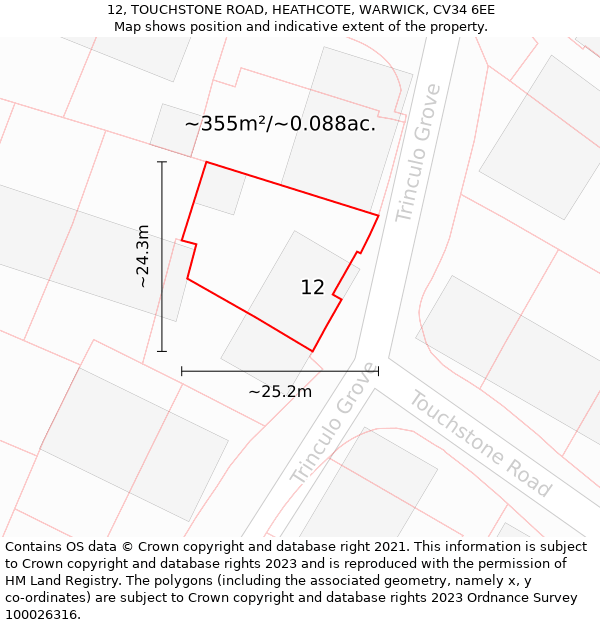 12, TOUCHSTONE ROAD, HEATHCOTE, WARWICK, CV34 6EE: Plot and title map