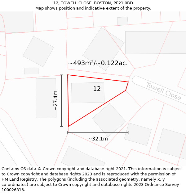 12, TOWELL CLOSE, BOSTON, PE21 0BD: Plot and title map