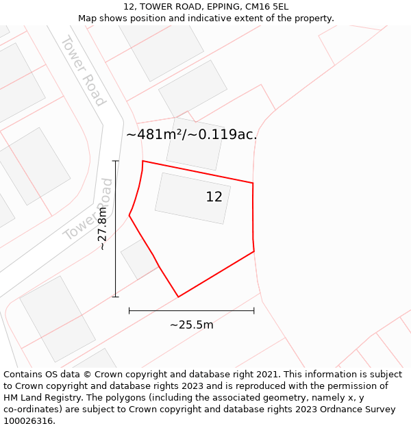 12, TOWER ROAD, EPPING, CM16 5EL: Plot and title map