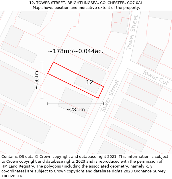 12, TOWER STREET, BRIGHTLINGSEA, COLCHESTER, CO7 0AL: Plot and title map