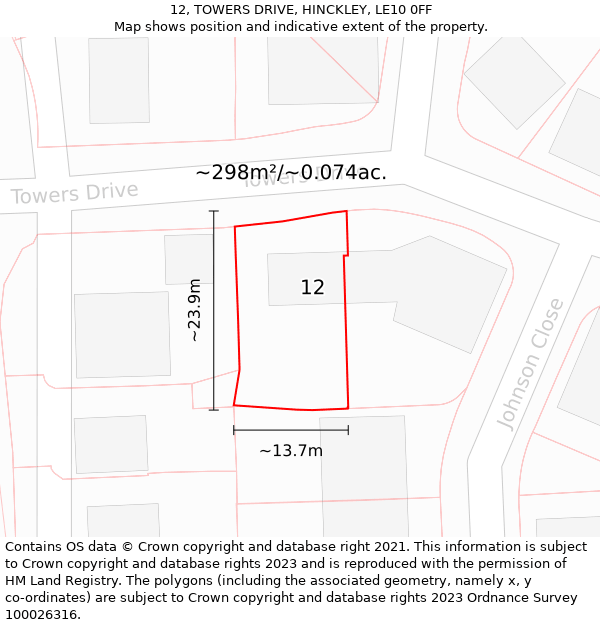 12, TOWERS DRIVE, HINCKLEY, LE10 0FF: Plot and title map
