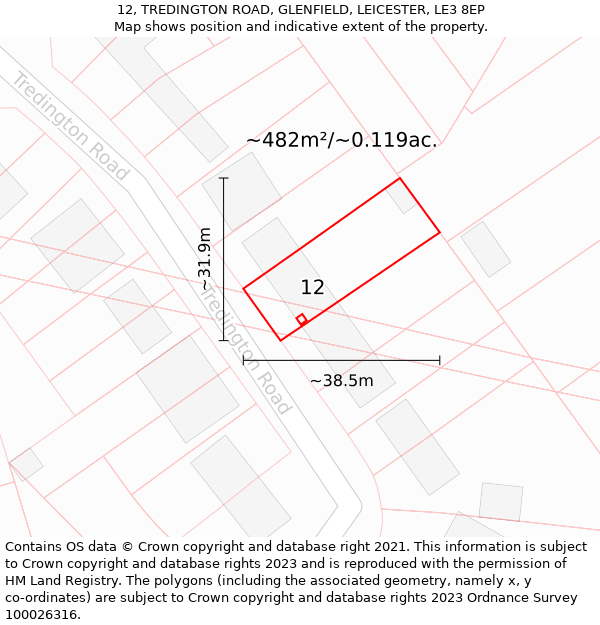 12, TREDINGTON ROAD, GLENFIELD, LEICESTER, LE3 8EP: Plot and title map