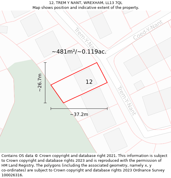 12, TREM Y NANT, WREXHAM, LL13 7QL: Plot and title map