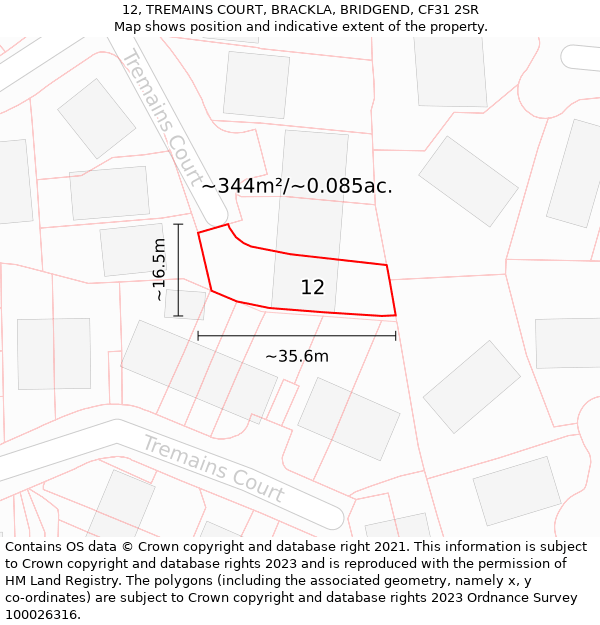 12, TREMAINS COURT, BRACKLA, BRIDGEND, CF31 2SR: Plot and title map