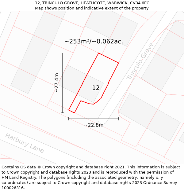 12, TRINCULO GROVE, HEATHCOTE, WARWICK, CV34 6EG: Plot and title map