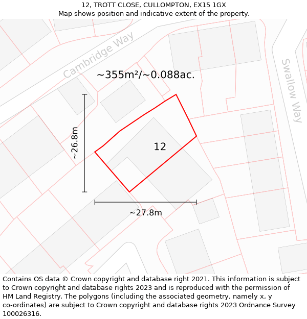 12, TROTT CLOSE, CULLOMPTON, EX15 1GX: Plot and title map