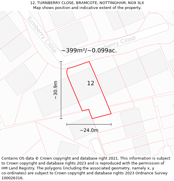 12, TURNBERRY CLOSE, BRAMCOTE, NOTTINGHAM, NG9 3LX: Plot and title map