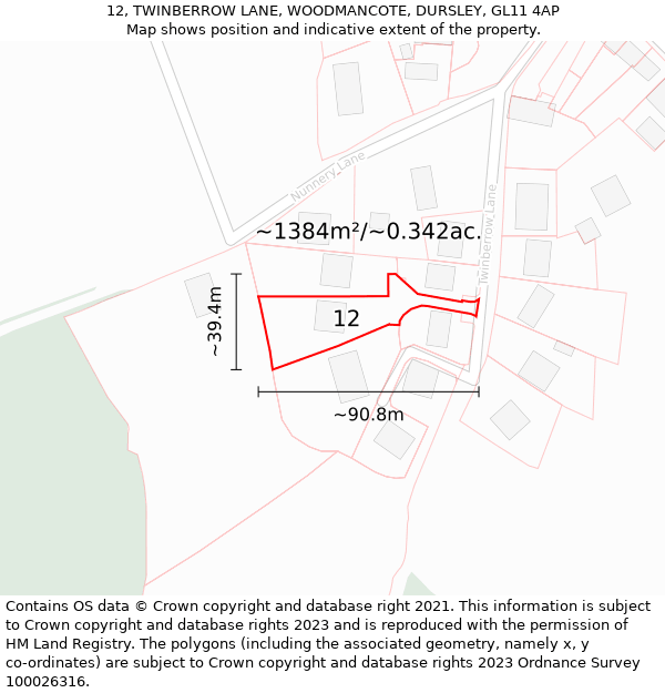 12, TWINBERROW LANE, WOODMANCOTE, DURSLEY, GL11 4AP: Plot and title map