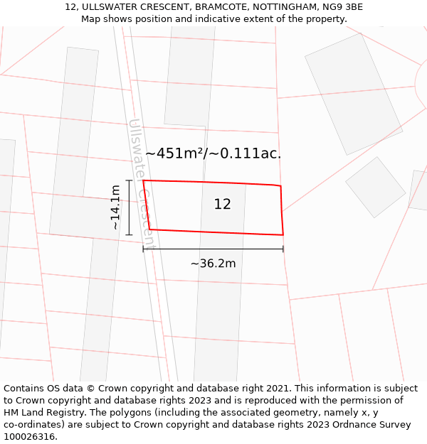 12, ULLSWATER CRESCENT, BRAMCOTE, NOTTINGHAM, NG9 3BE: Plot and title map