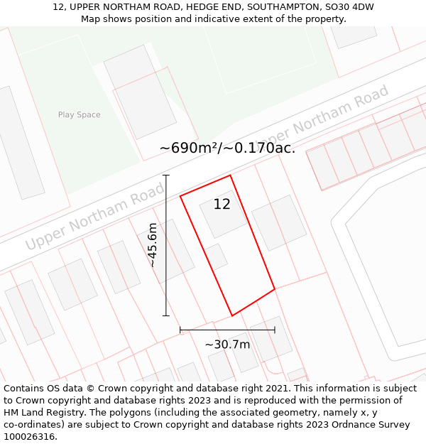 12, UPPER NORTHAM ROAD, HEDGE END, SOUTHAMPTON, SO30 4DW: Plot and title map