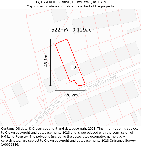 12, UPPERFIELD DRIVE, FELIXSTOWE, IP11 9LS: Plot and title map