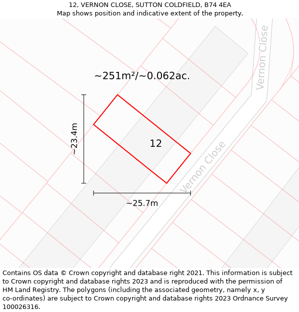 12, VERNON CLOSE, SUTTON COLDFIELD, B74 4EA: Plot and title map