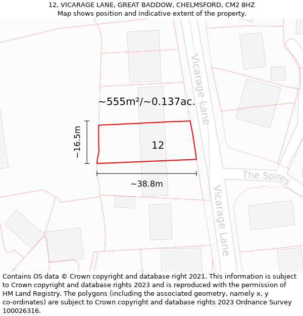 12, VICARAGE LANE, GREAT BADDOW, CHELMSFORD, CM2 8HZ: Plot and title map